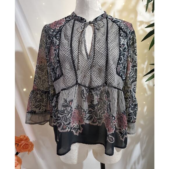 Lucky Brand Floral Sheer Stripe 3/4 Bell Sleeve Tie Peasant Blouse Size L Boho - Picture 1 of 9